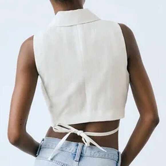NWT Zara Wrap Around Crop Vest Top S White Lined - Picture 2 of 9